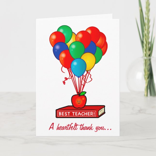 Best Teacher Apple with Balloons on Book Thank You Card (Front)