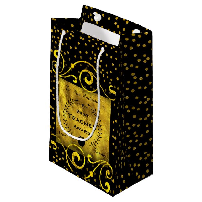 Best Teacher Award Gold with Black Thank You Small Gift Bag (Front Angled)
