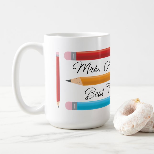 Best Teacher Blue Red Yellow Pencils Coffee Mug (With Donut)