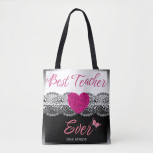 Best Teacher Ever Black & White with Pink Heart  Tote Bag