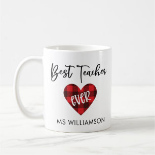 Best Teacher Ever Buffalo Plaid Heart Coffee Mug