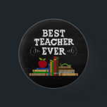 Best Teacher Ever Chalkboard 3 Cm Round Badge<br><div class="desc">Celebrate the educators who make a lasting impact with this charming “Best Teacher Ever” pin. Designed to resemble a classic chalkboard, this badge features bold white lettering accented by colorful stacks of books and a bright red apple — timeless symbols of education and appreciation. The rich black background gives it...</div>