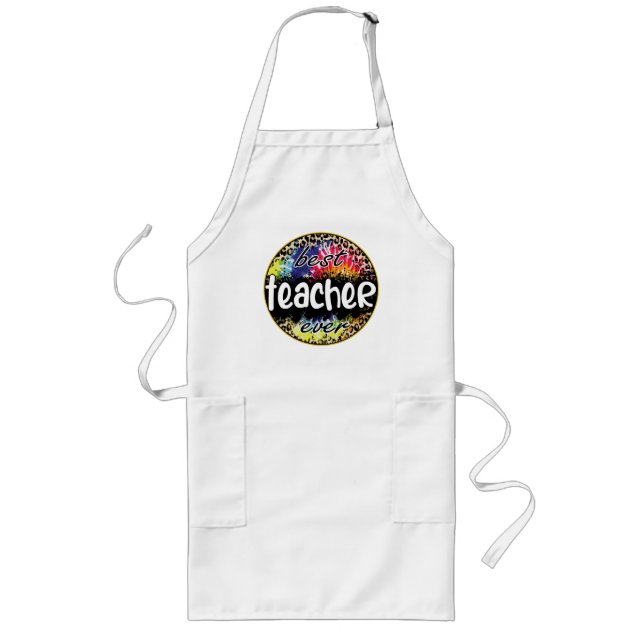 Best Teacher Ever – Colourful Leopard Print Long Apron (Front)