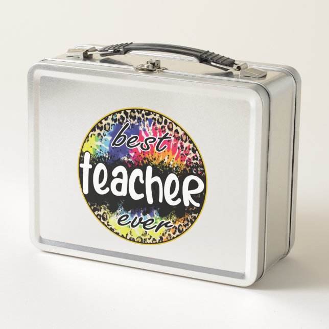 Best Teacher Ever – Colourful Leopard Print Metal Lunch Box (Front)