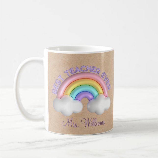 best teacher ever, colourful rainbow kraft brown coffee mug (Left)