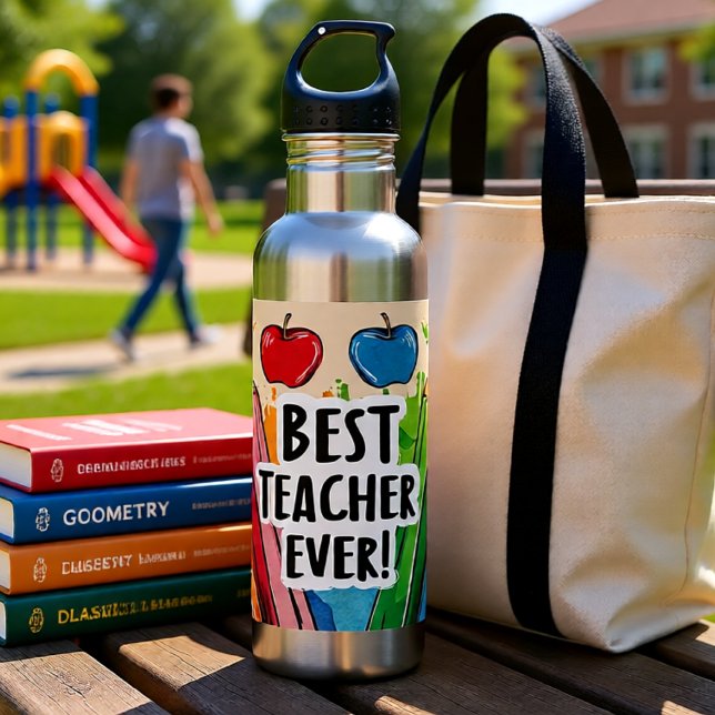 Best Teacher Ever custom Name apples/pens  710 Ml Water Bottle (Best Teacher Ever Colorful Apple Illustration Stainless Steel Water Bottle)