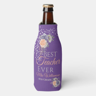 Best Teacher Ever Floral Peony Rose Purple Bottle Cooler