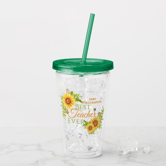 Best Teacher Ever Floral Sunflower Acrylic Tumbler (Back Ice)