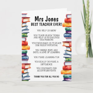 best teacher ever list of reasons thank you card
