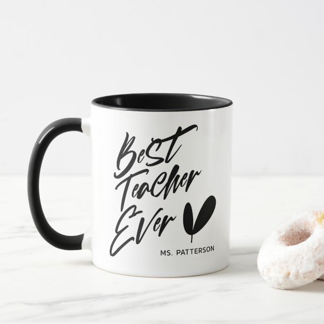 Best Teacher Ever Modern Black Script Custom Name Mug (With Donut)