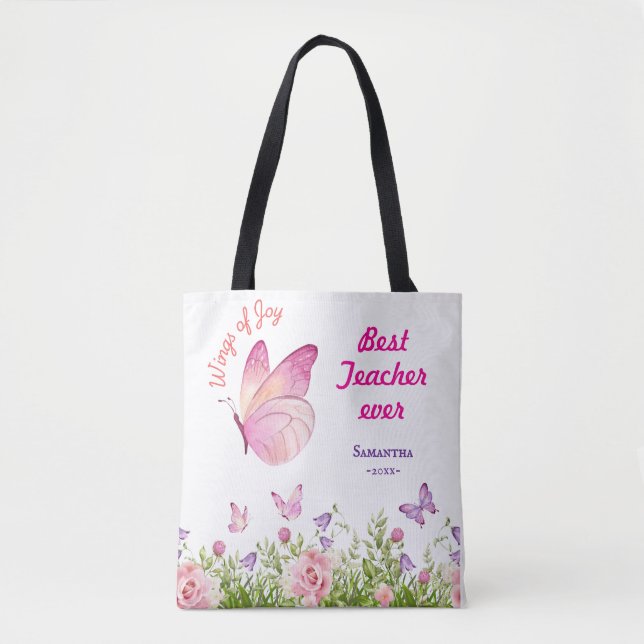 Best Teacher ever Personalised Butterfly pink Tote Bag (Front)