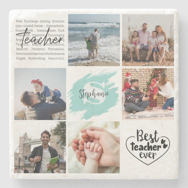 Best Teacher Ever Personalised Photo Collage Stone Coaster (Front)