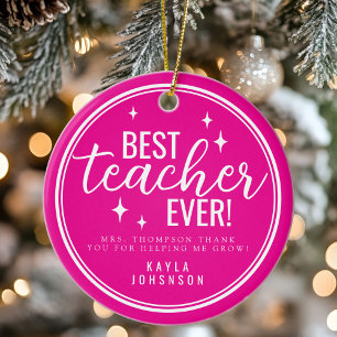 Best Teacher Ever Pink Script Retro Ceramic Tree Decoration