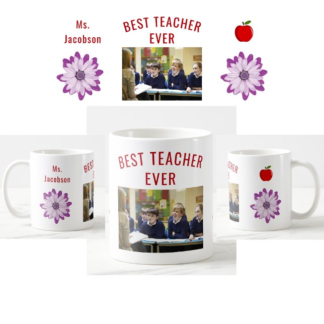 Best Teacher Ever Teacher Appreciation Name Photo Coffee Mug (Best Teacher Ever. Photo of students. Flowers. Apple. Modern, cute, elegant teacher appreciation mug)