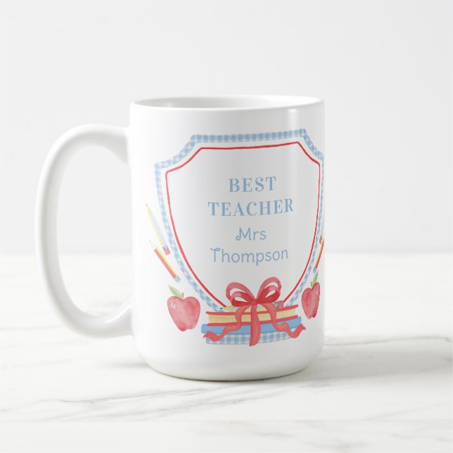 Best Teacher Gingham School Crest Coffee Mug (Left)