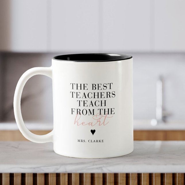 Best Teacher Heart Modern Script Pink Teacher Gift Two-Tone Coffee Mug (Creator Uploaded)