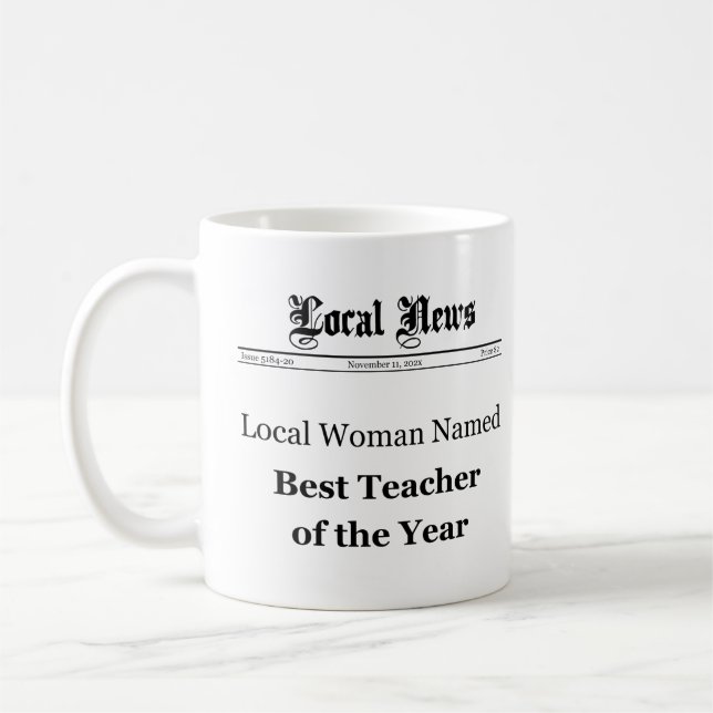 Best Teacher of The Year Newspaper Style Mug (Left)