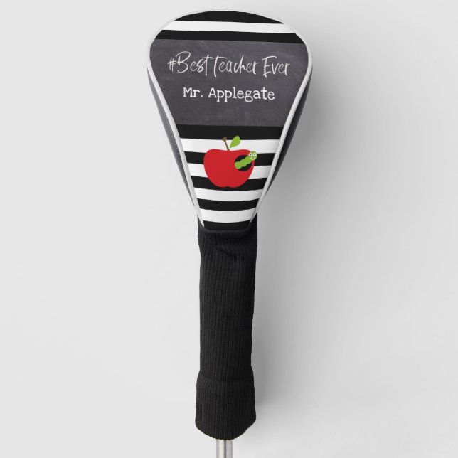 Best Teacher on Chalkboard Apple and Worm Striped Golf Head Cover (Front)