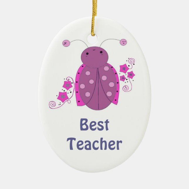Best Teacher Whimsical Pink Ladybug Ceramic Tree Decoration (Front)
