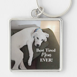 Best Tired Mum Cute White Puppy Dog Key Ring