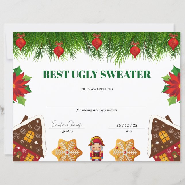 Best Ugly Sweater Christmas Award Certificate (Front)