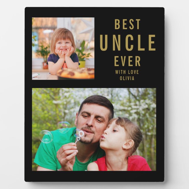    Best Uncle Ever 2 Photo Collage Black And Gold  Plaque (Front)