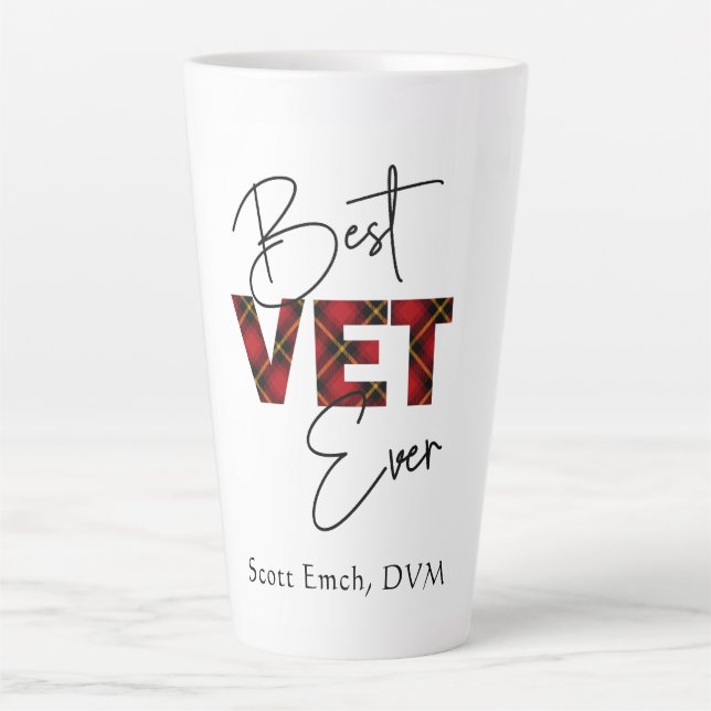 Best Vet Ever Script Plaid Block Text Personalised Latte Mug (Front)