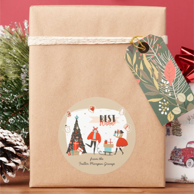 Best Wishes Christmas | Retro Mid-Century Modern Classic Round Sticker (Holiday)