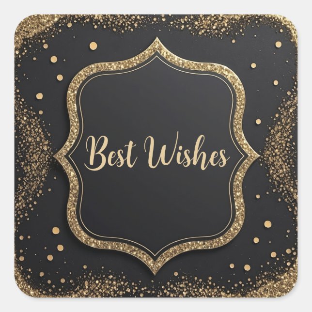 Best Wishes Golden Black Glitter Square Sticker (Front)