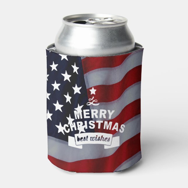 Best Wishes Merry Christmas United States Flag Art Can Cooler (Can Front)