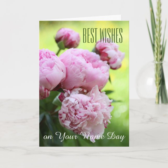 Best wishes, name day card pink peonies (Front)