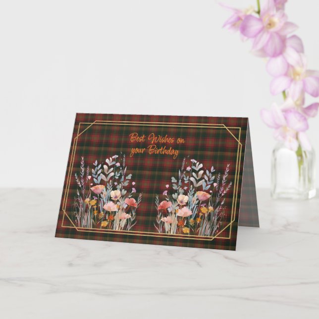 Best Wishes On Birthday Canadian Maple Leaf Tartan Card (Orchid)