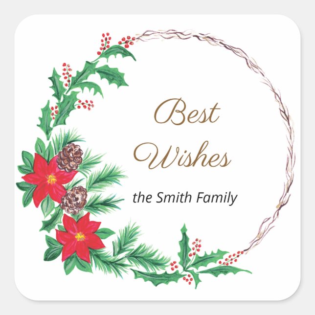 Best Wishes Red Flower Wreath Square Sticker (Front)