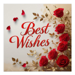 "Best Wishes" With Red Roses & Gold Leaves Poster