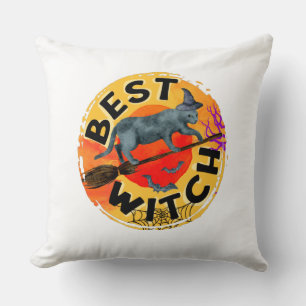 Best Witch – Halloween Black Cat on Broom Cushion