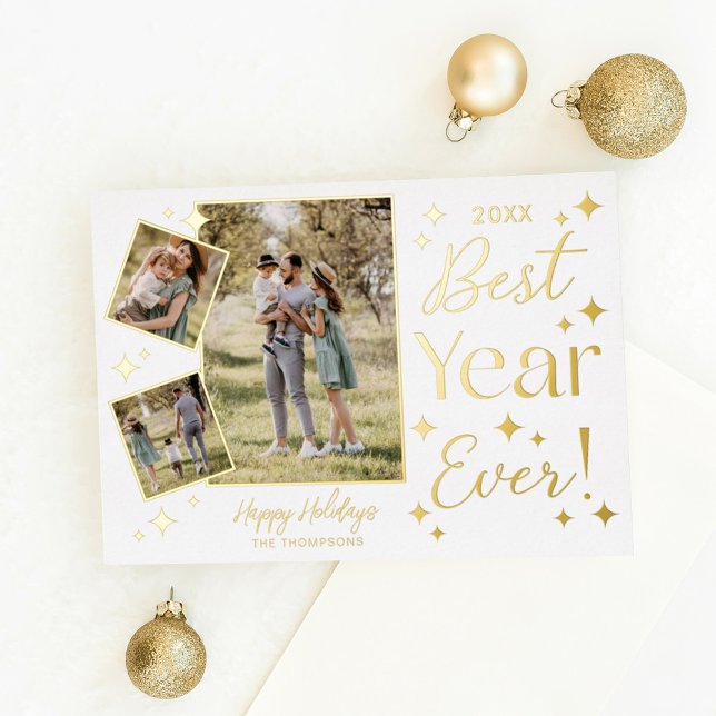 Best Year Ever! 3 Family Photo Scrapbook Collage Foil Holiday Card (Creator Uploaded)