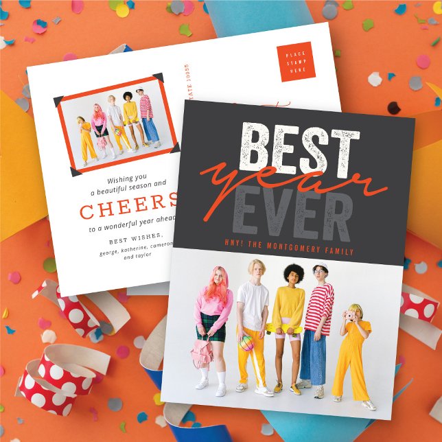 Best Year Ever Handwriting Script Modern Photo Holiday Postcard (Tangerine Orange Best Year Ever Handwriting Script Modern Photo Holiday Postcard @ fat_fa_tin)