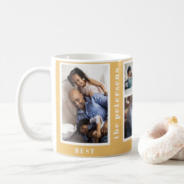 Best Year Ever simple family photo collage orange Coffee Mug (With Donut)