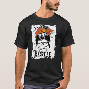 Bestie bff Halloween Spooky Spider Messy Bun Hair  T-Shirt