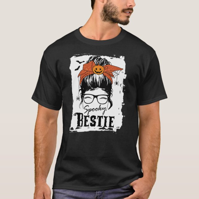 Bestie bff Halloween Spooky Spider Messy Bun Hair  T-Shirt (Front)