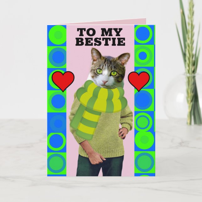 BESTIE BFF RETRO VALENTINE'S DAY CAT GREETING CARD (Front)