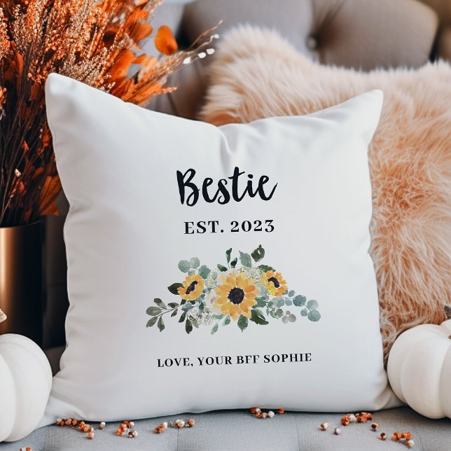 Bestie | Pretty Rustic Sunflower and Names Cushion (A pretty, rustic pillow keepsake for your bestie)