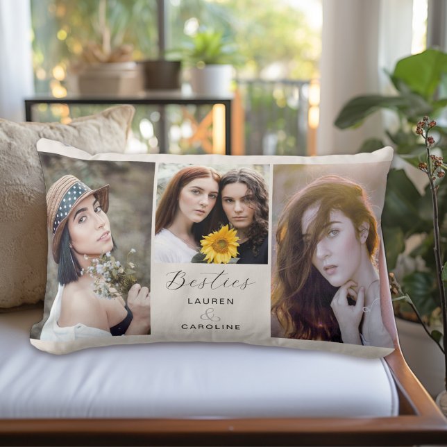 Besties Best Friends Modern Photo Collage Lumbar Cushion (Personalize with your favorite photos and your names for a treasured keepsake!)