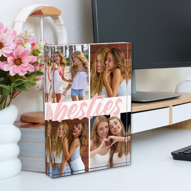 Besties Best Friends Pink Brush Script Collage Photo Block (Creator Uploaded)