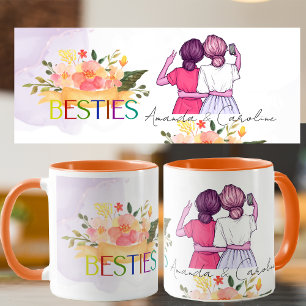 Besties BFF Cute Illustration Floral Best Friends Mug