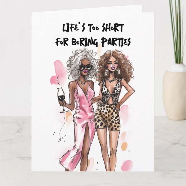Besties black curly girls leopard print pink dress card (Front)