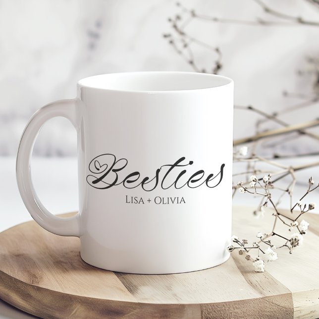 Besties Custom Name Best Friend Coffee Mug (Besties Custom Name Best Friend Coffee Mug on a sunny boho wooden kitchen table.)