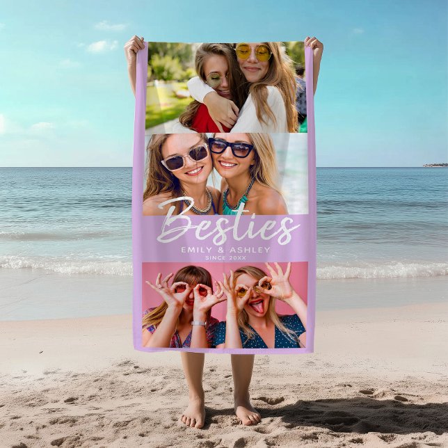 Besties Custom Photo BFF Friends Modern Lilac Fun  Beach Towel (Creator Uploaded)