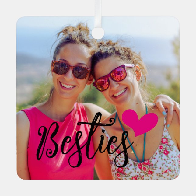 Besties Cute Hot Pink Heart Photo Metal Tree Decoration (Front)