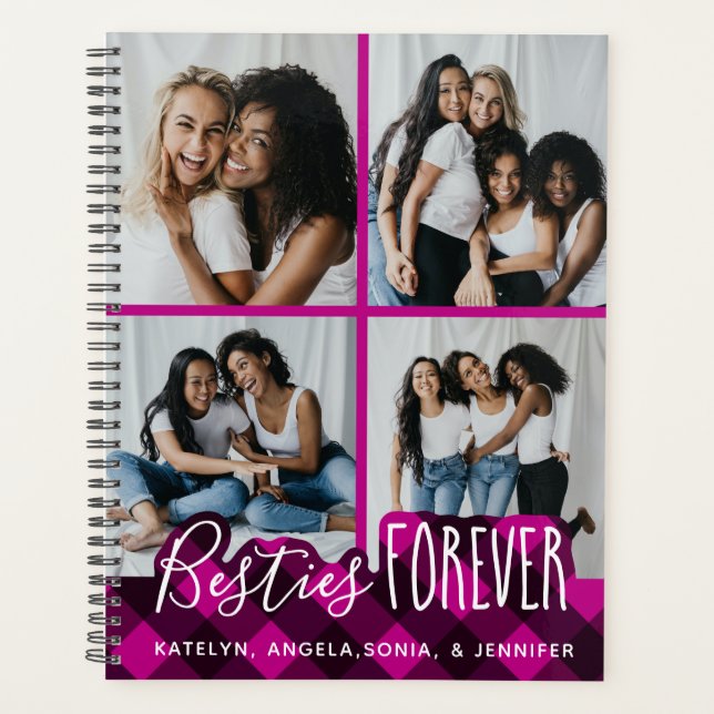 Besties Forever 4 Photo Collage Pink Plaid Friends Planner (Front)